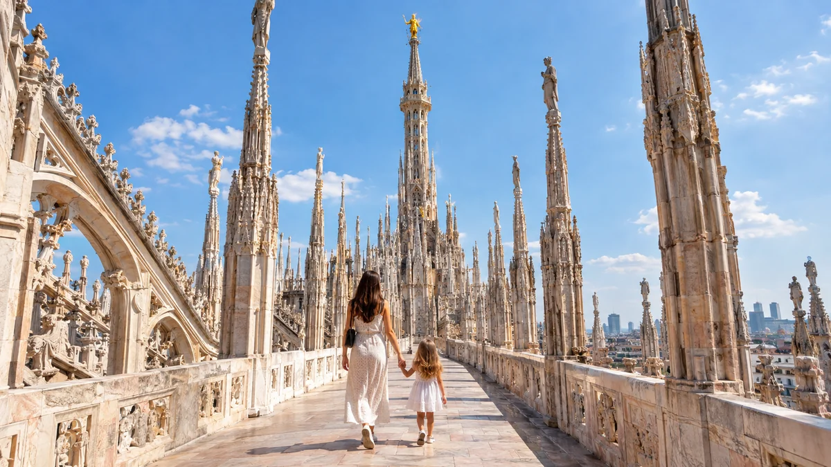 Illustration of a mother and a small girl walking hand in hand along a marble terrace between Gothic spires, seen from behind