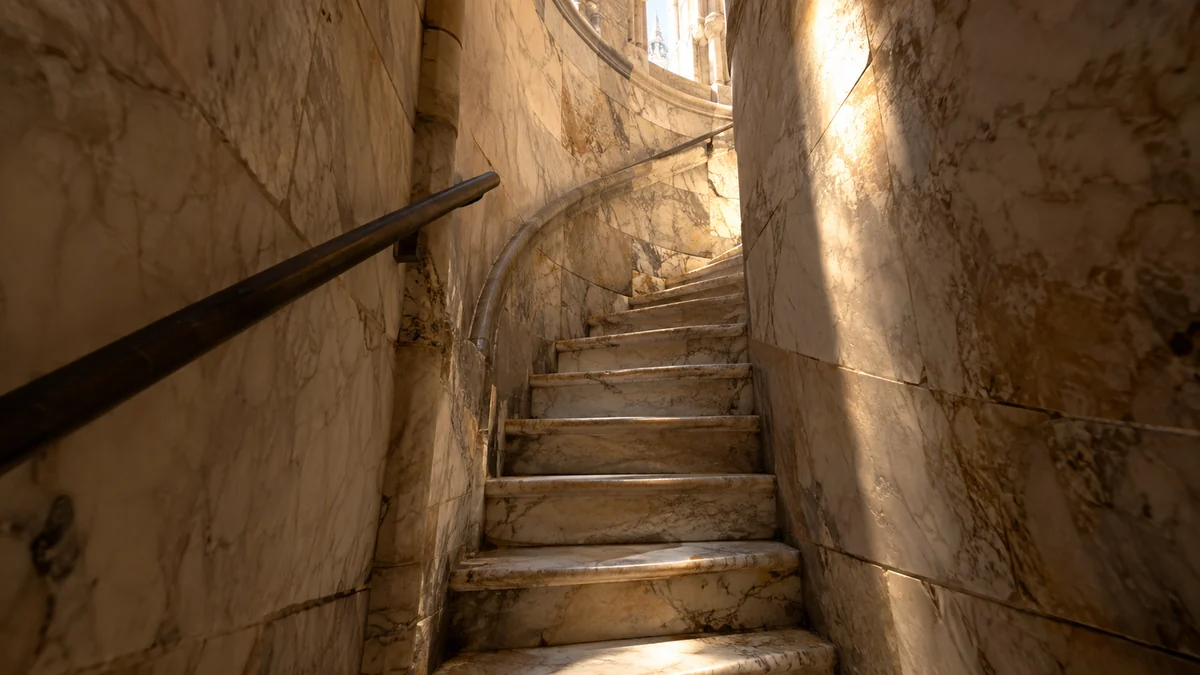 A narrow spiral marble staircase inside Milan Cathedral lit by a window